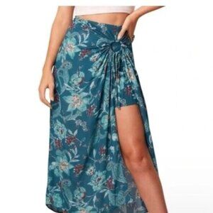Band Of The Gypsies Teal Green Floral Midi Skirt w/ Side Slit